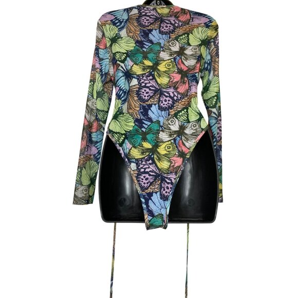 Butterfly Print Mesh Sexy Long Sleeve Bodysuit Open Front Ties Large Stretch Hot - Picture 4 of 7
